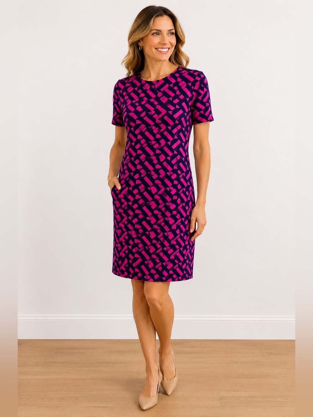 Trina Turk Geometric Print Knit Sheath Dress Pink & Navy Size Medium